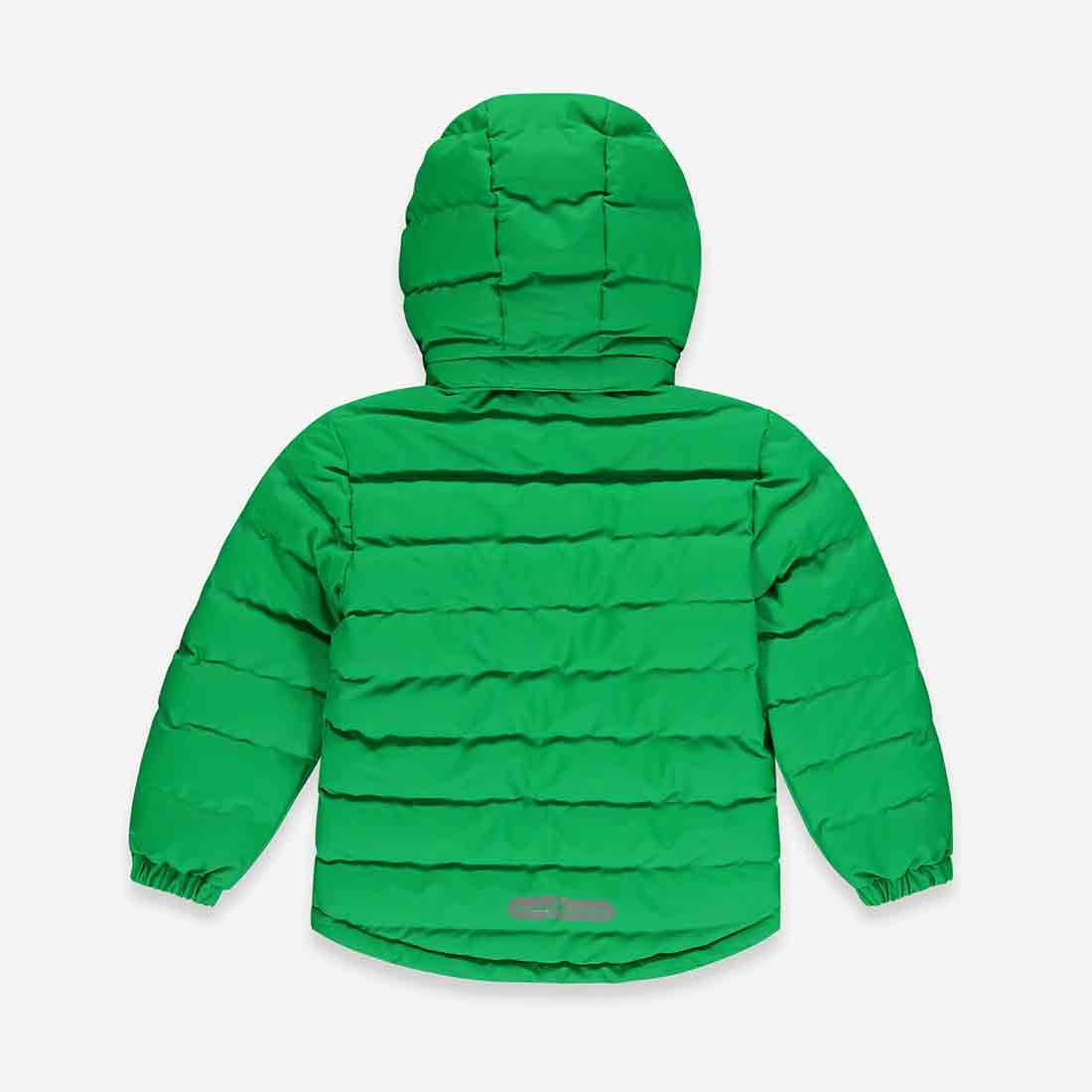 A green waterproof puffer jacket, seen from the back, featuring a hood. The jacket is padded and has horizontal stitching.
