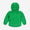 A green waterproof puffer jacket, seen from the back, featuring a hood. The jacket is padded and has horizontal stitching.