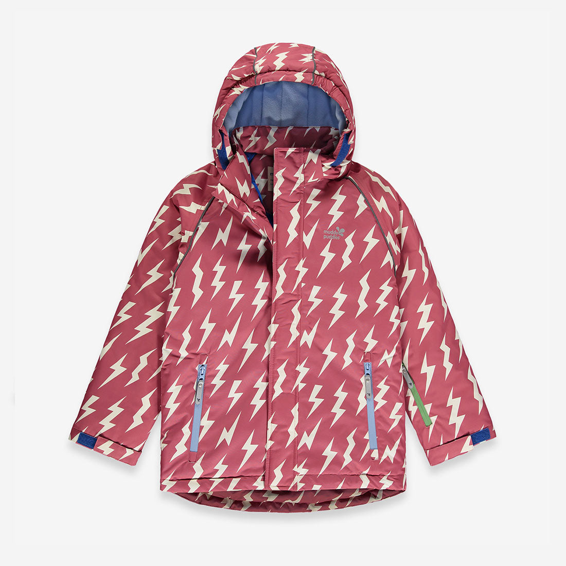 Blizzard Kids Ski Jacket Pink with a lightning bolt pattern. It has a hood and pockets on either side.
