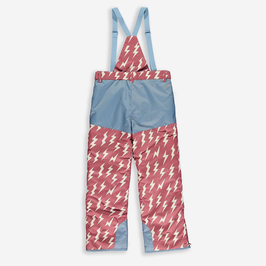 Blizzard Ski Salopettes Pink, featuring a blue upper and pink lower with a white lightning bolt pattern. Includes light blue braces.
