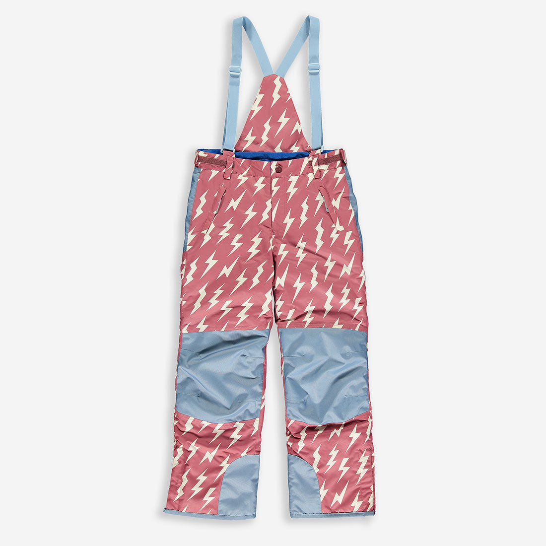 Pink Blizzard Ski Salopettes with a lightning bolt pattern, featuring blue braces and reinforced knee areas.