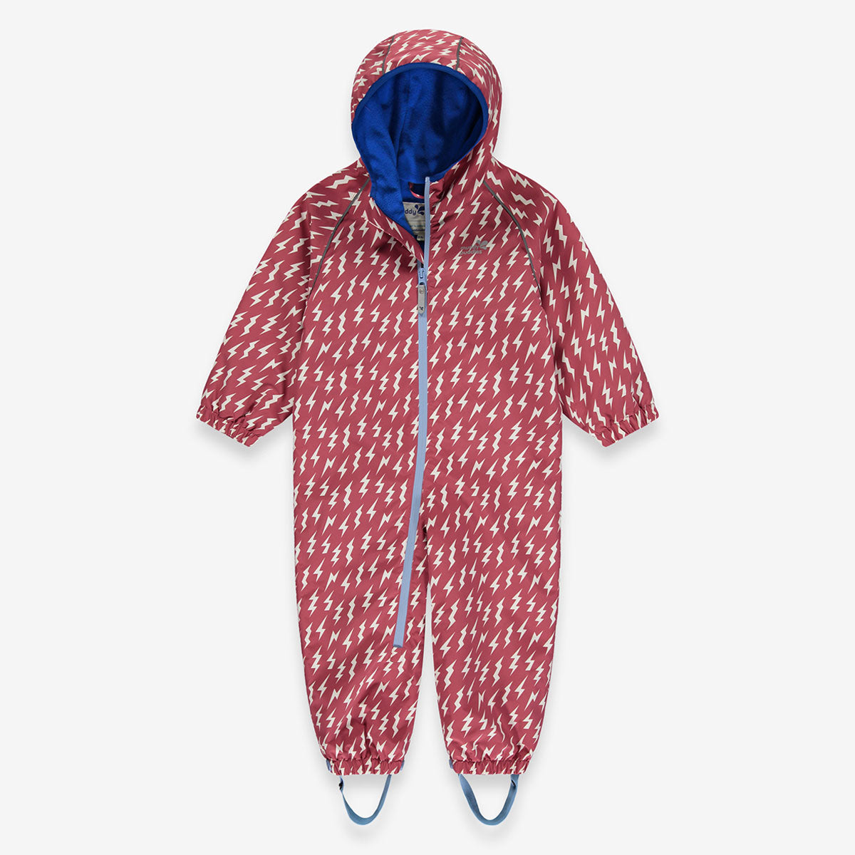 EcoSplash Waterproof Fleece Lined Puddle Suit Pink, a one-piece waterproof suit with a hood and all-over lightning bolt pattern.