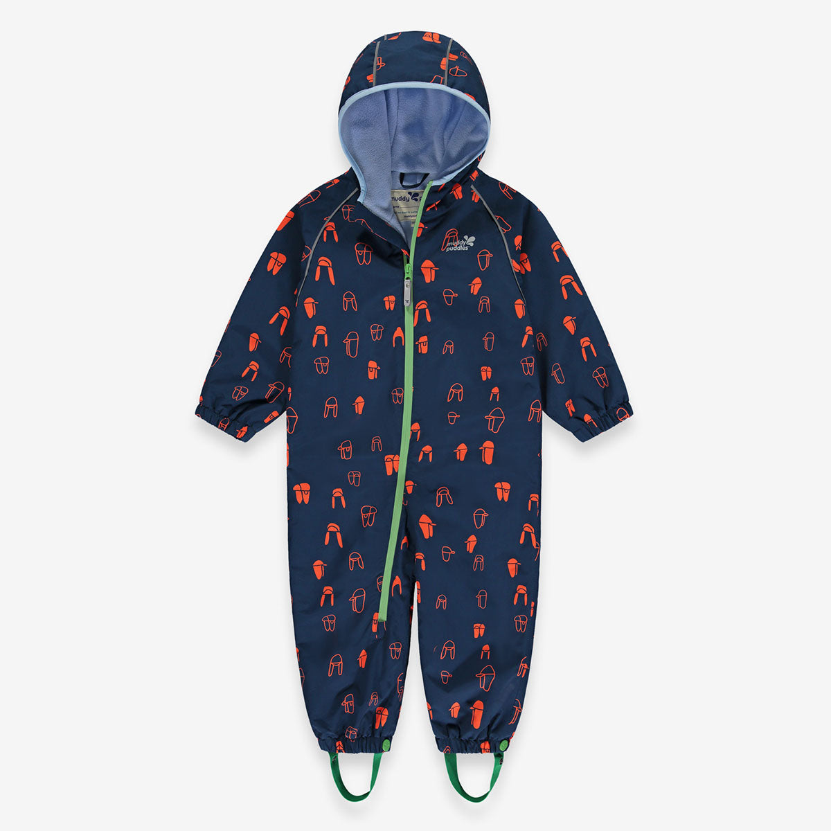 EcoSplash Waterproof Fleece Lined Puddle Suit Navy Print: A navy puddle suit with orange hat pattern, zipped up on a white background.