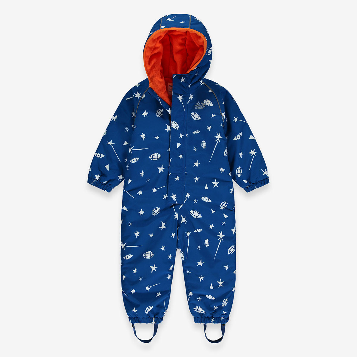 EcoWarm Waterproof Snowsuit Blue Sky: A blue snowsuit with an orange lining, patterned with stars, crystals, and eyes.