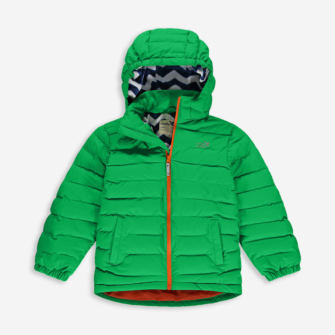 Green waterproof puffer jacket, hooded and zipped up, displayed against a white backdrop. The jacket is padded and suitable for outdoors.