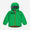 Green waterproof puffer jacket, hooded and zipped up, displayed against a white backdrop. The jacket is padded and suitable for outdoors.