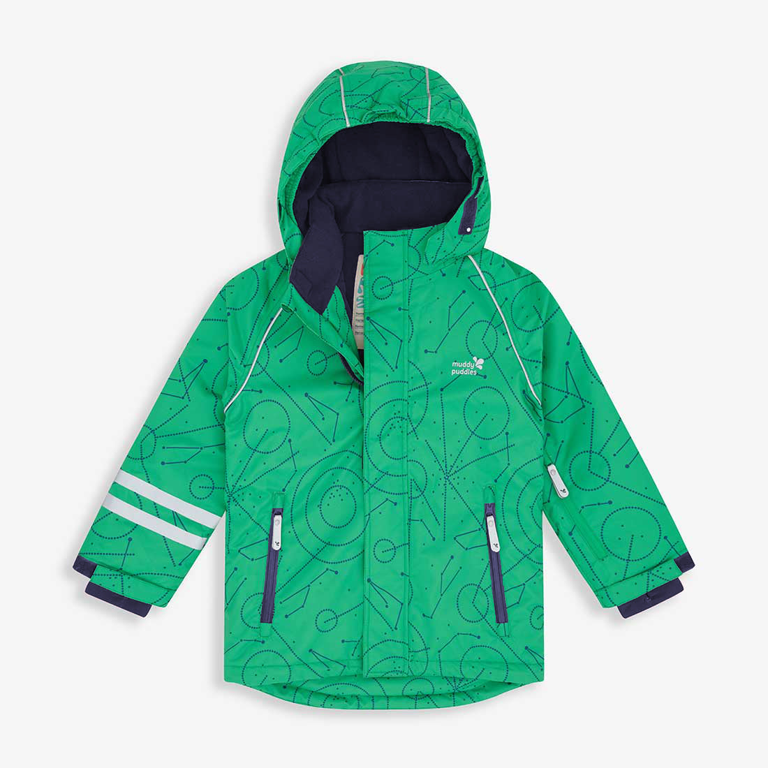 Blizzard Kids Ski Jacket Green. A green child's ski jacket with a hood and a pattern of blue shapes, laid flat on a white background.