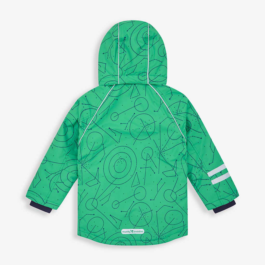 Back of a Blizzard Kids Ski Jacket Green with a constellation design and hood. It features white reflective stripes for visibility.