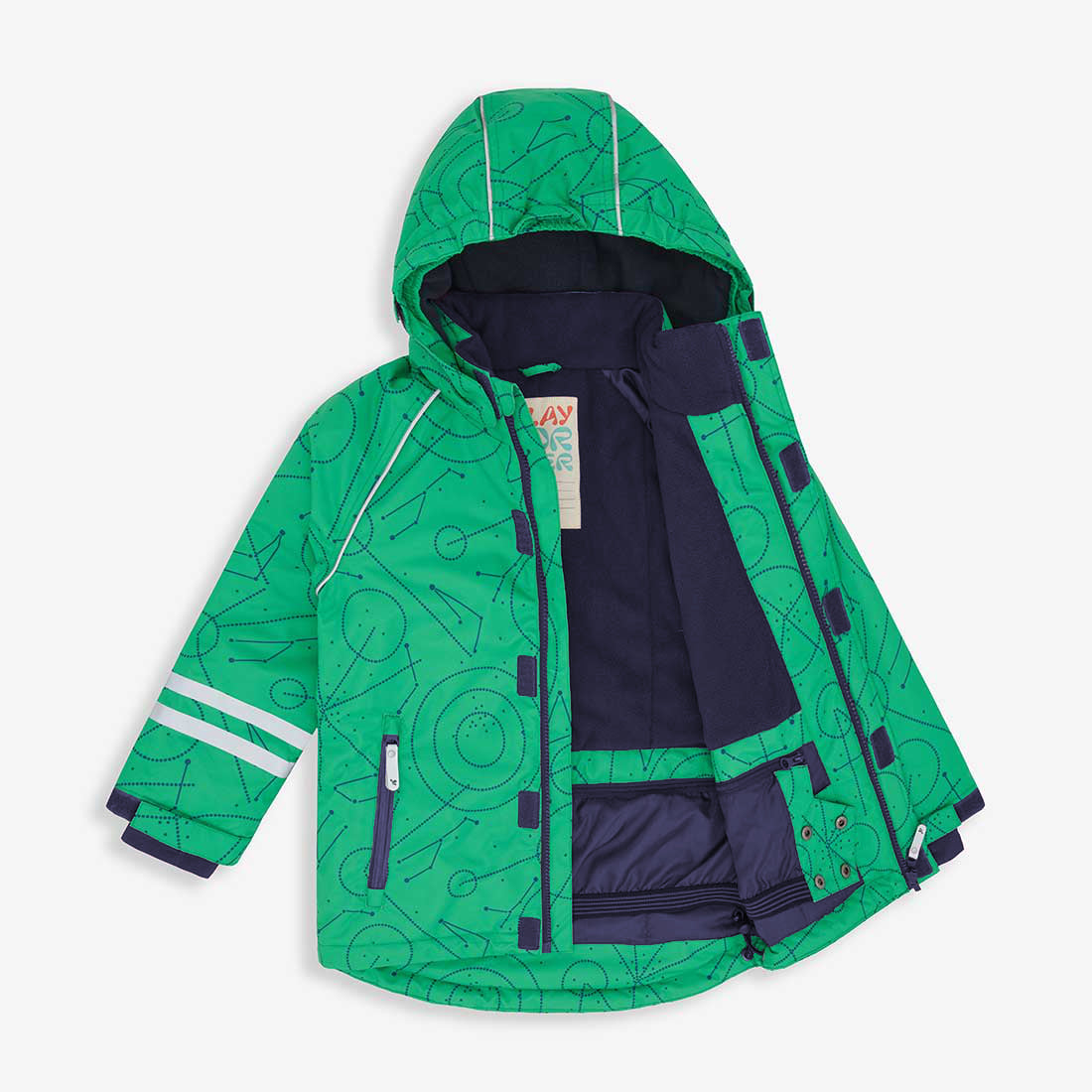 Blizzard Kids Ski Jacket Green. Green jacket with an all-over pattern, hood, open front revealing navy lining, & white stripes on the sleeve.