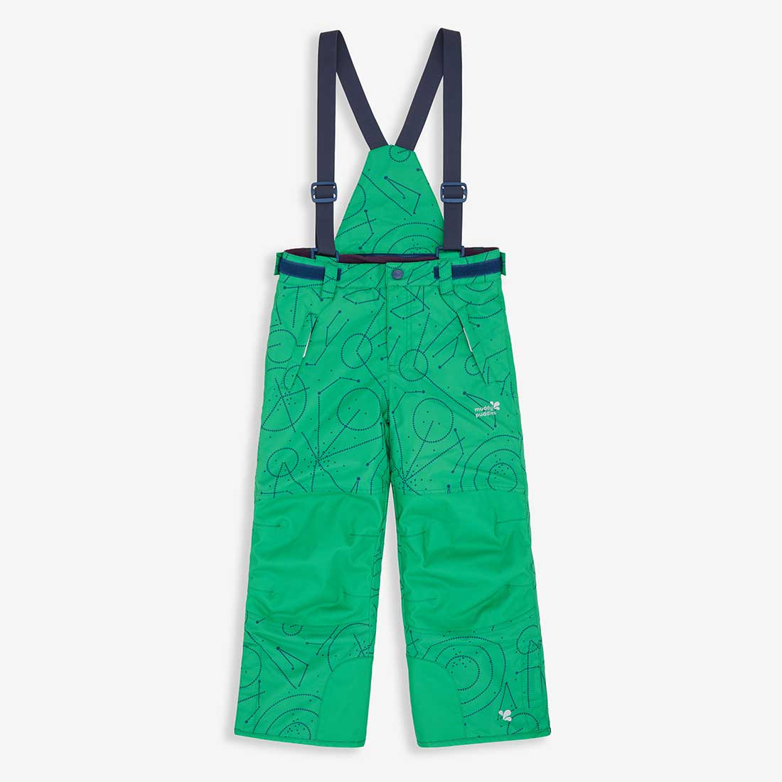 Green Blizzard Ski Salopettes featuring navy blue braces and star pattern, ideal for keeping children warm and dry on the slopes.
