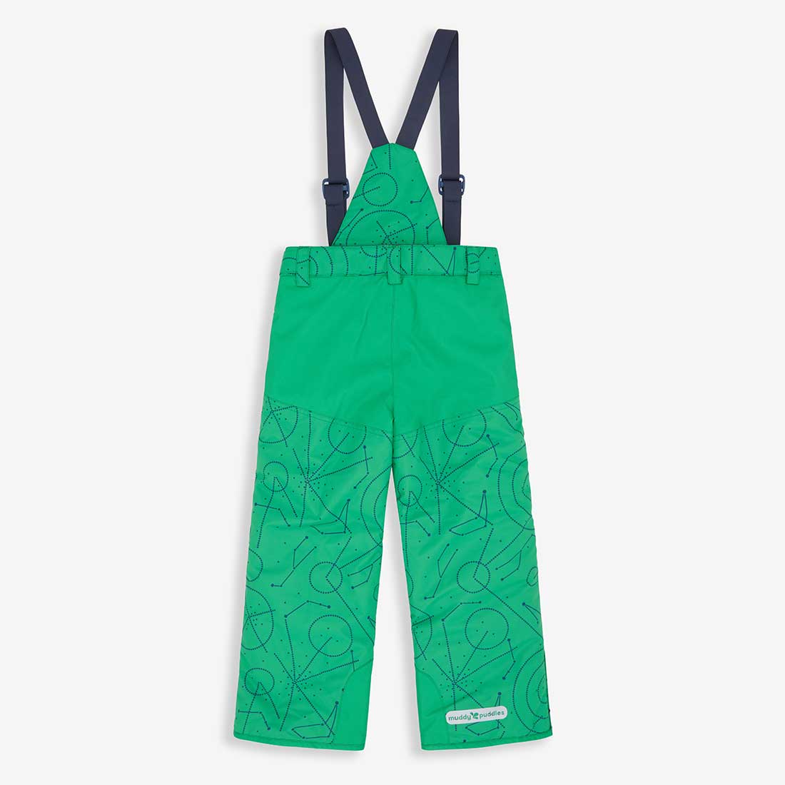 Green Blizzard Ski Salopettes with blue straps and geometric pattern on the legs, laid out on a white surface.