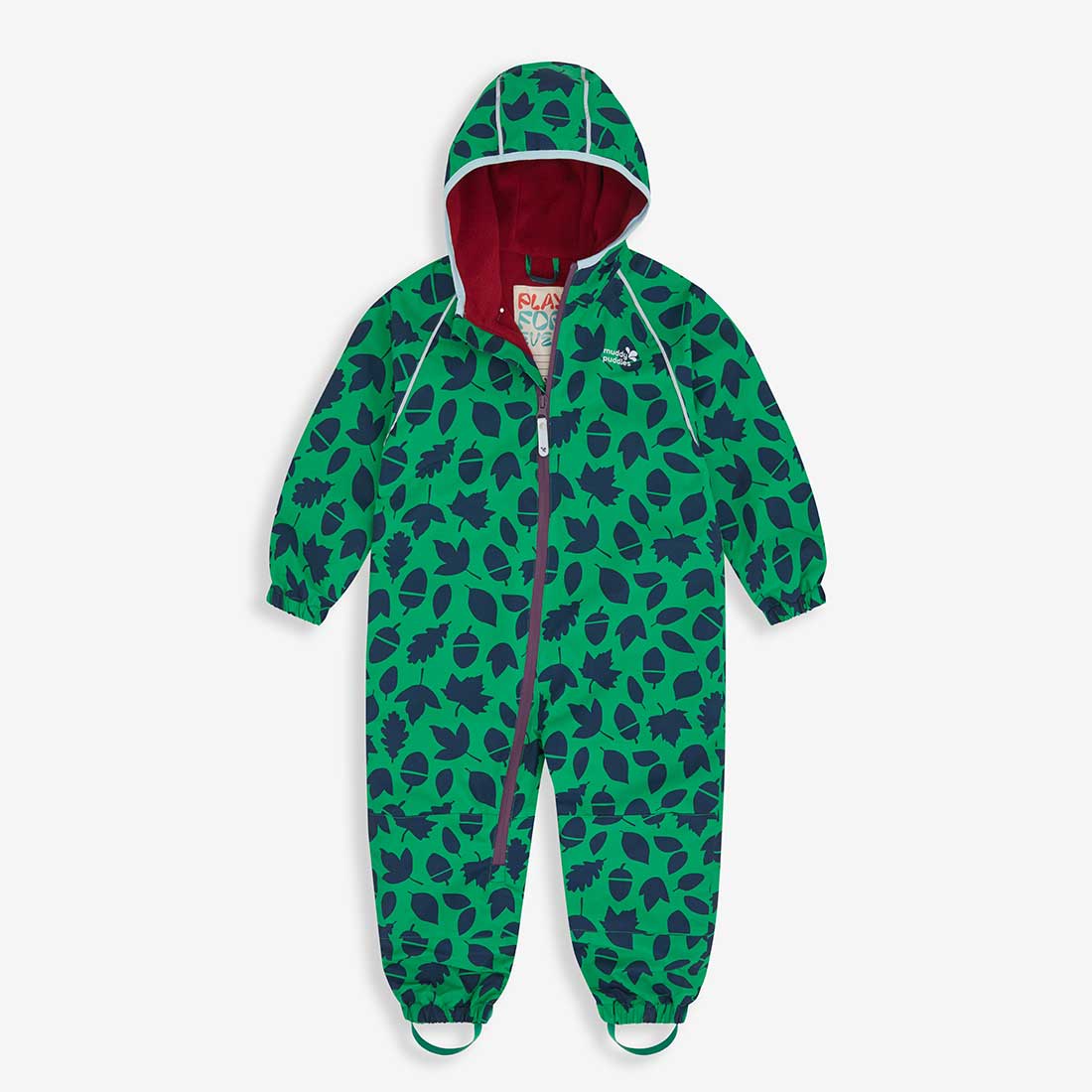 EcoSplash Waterproof Fleece Lined Puddle Suit Green. Green waterproof puddle suit with leaf and acorn pattern and red fleece lining.