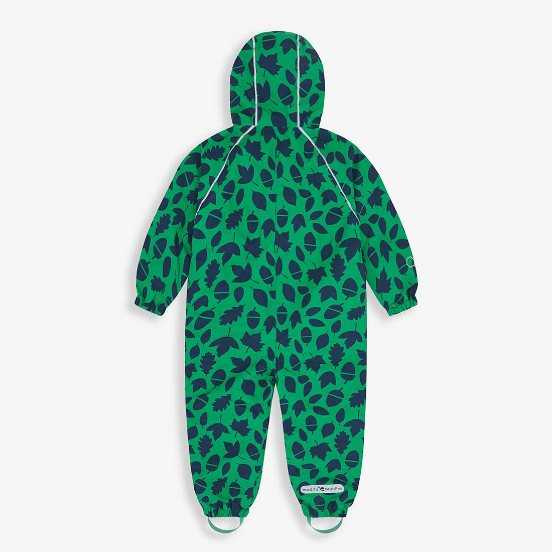A green EcoSplash Waterproof Fleece Lined Puddle Suit, covered in navy leaf and acorn patterns, with a hood and foot stirrups.