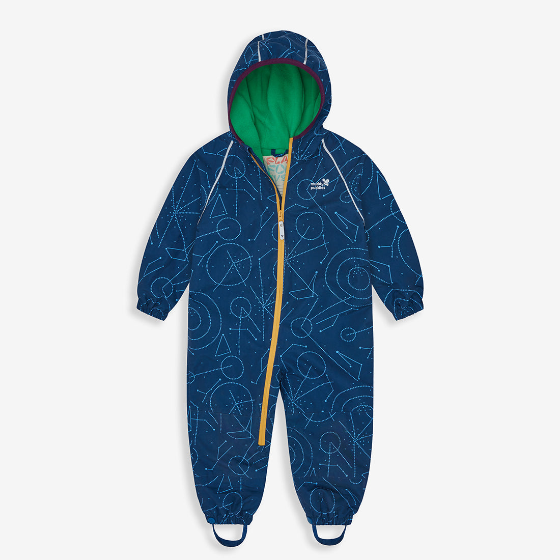 EcoSplash Waterproof Fleece Lined Puddle Suit Navy: A blue puddle suit with constellation patterns, fleece-lined hood, and yellow zip on a white background.