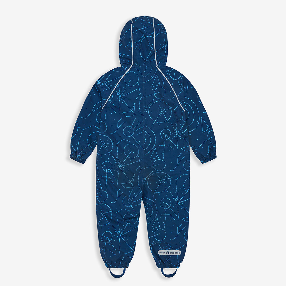 EcoSplash Waterproof Fleece Lined Puddle Suit Navy: a blue one-piece puddle suit with hood and elasticated cuffs and ankles, featuring a star pattern.