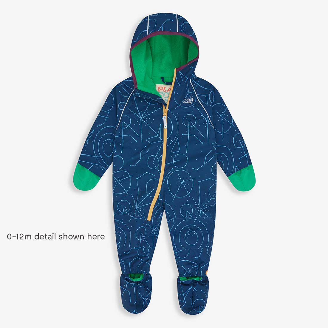 Navy EcoSplash Waterproof Fleece Lined Puddle Suit, a blue rainsuit with a star pattern, green cuffs, hood, and feet, and a yellow zip.