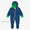 Navy EcoSplash Waterproof Fleece Lined Puddle Suit, a blue rainsuit with a star pattern, green cuffs, hood, and feet, and a yellow zip.
