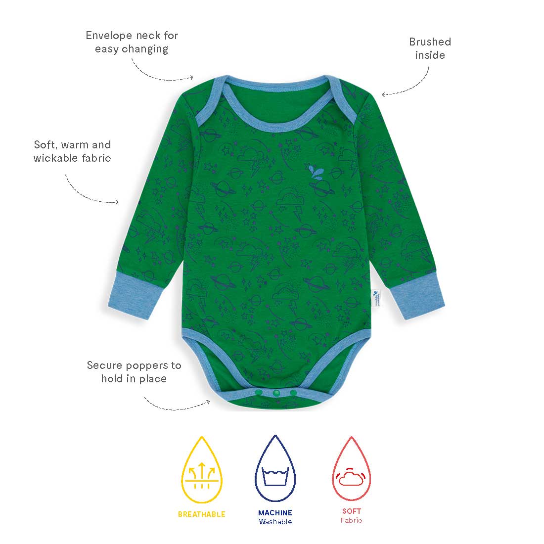 Thermal Baby Grow Green: A green baby grow with a space pattern and light blue trim, showcasing its soft, warm, and wickable fabric.
