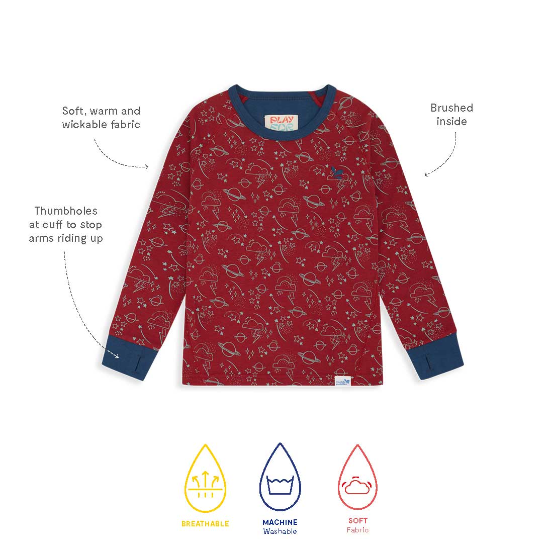 Kids Thermal Top Red, a long-sleeved, patterned red thermal top, featuring thumbholes, breathable, machine washable and soft fabric.