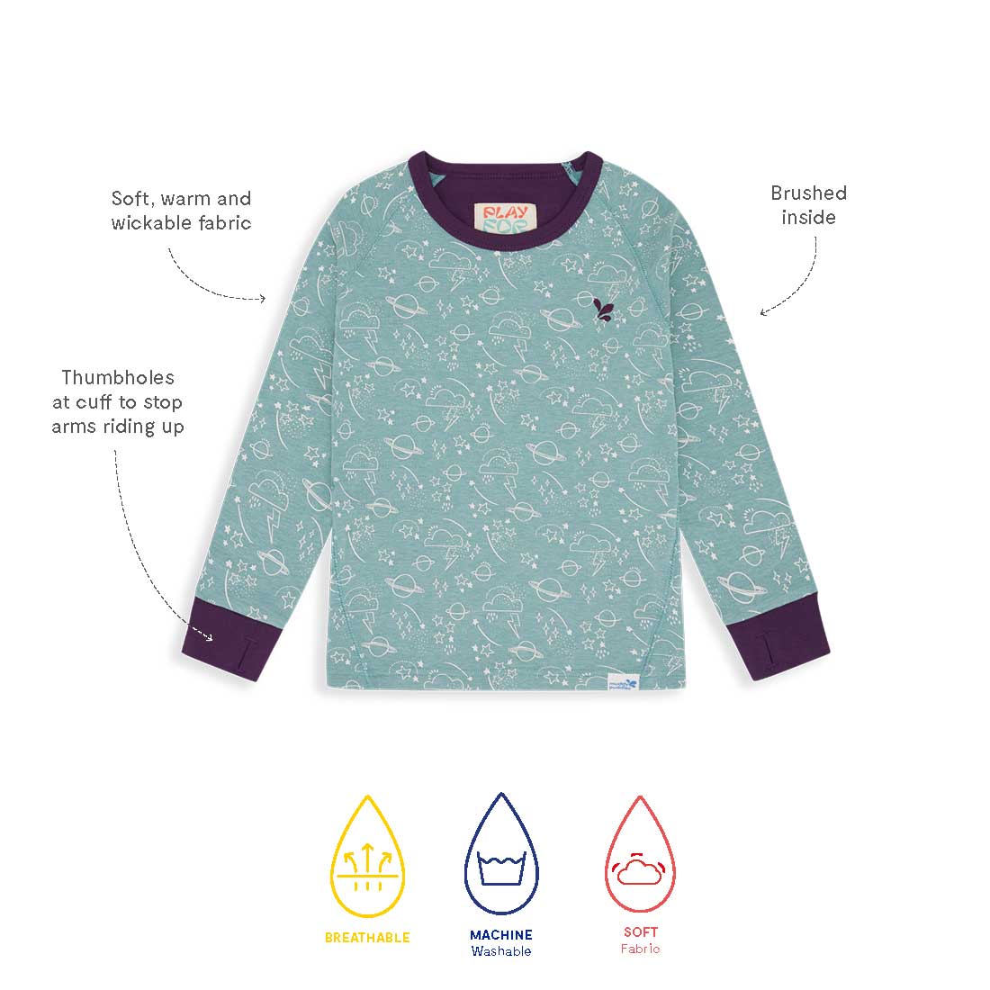 Kids Thermal Top Green Sage. A long-sleeved top with a teal space-themed print. Features include thumbholes and soft, wickable fabric.