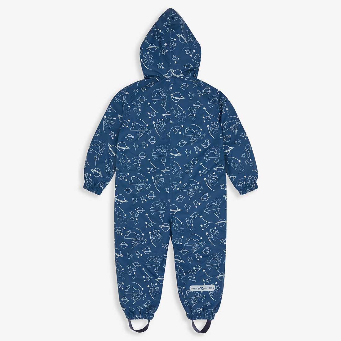 3 in 1 Waterproof Scampsuit Navy with hood and all-over space pattern. Back view, showing the scampsuit's full design.