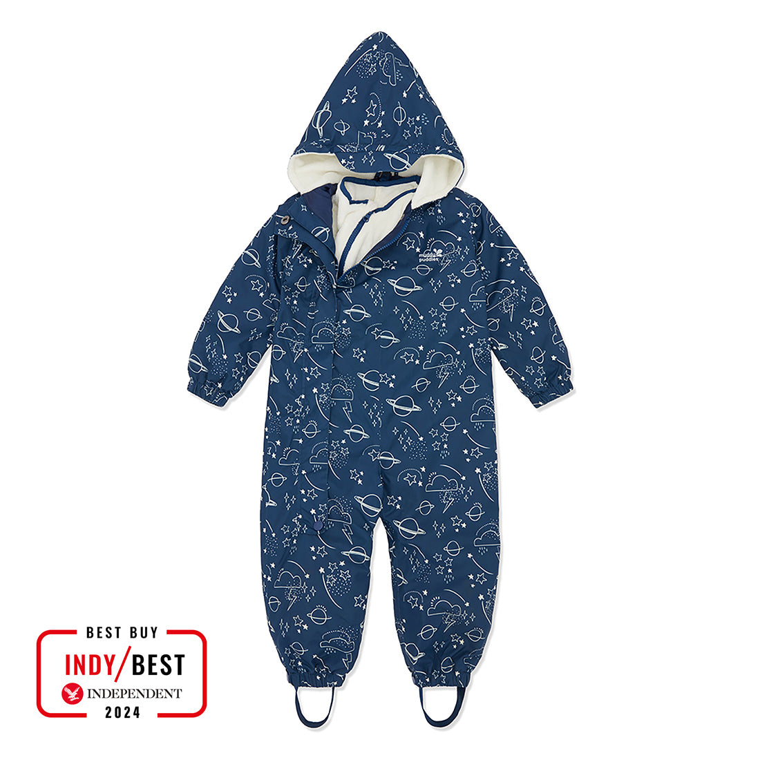 A navy 3 in 1 Waterproof Scampsuit with a hood. The scampsuit features a white, cosmic pattern of planets and stars.