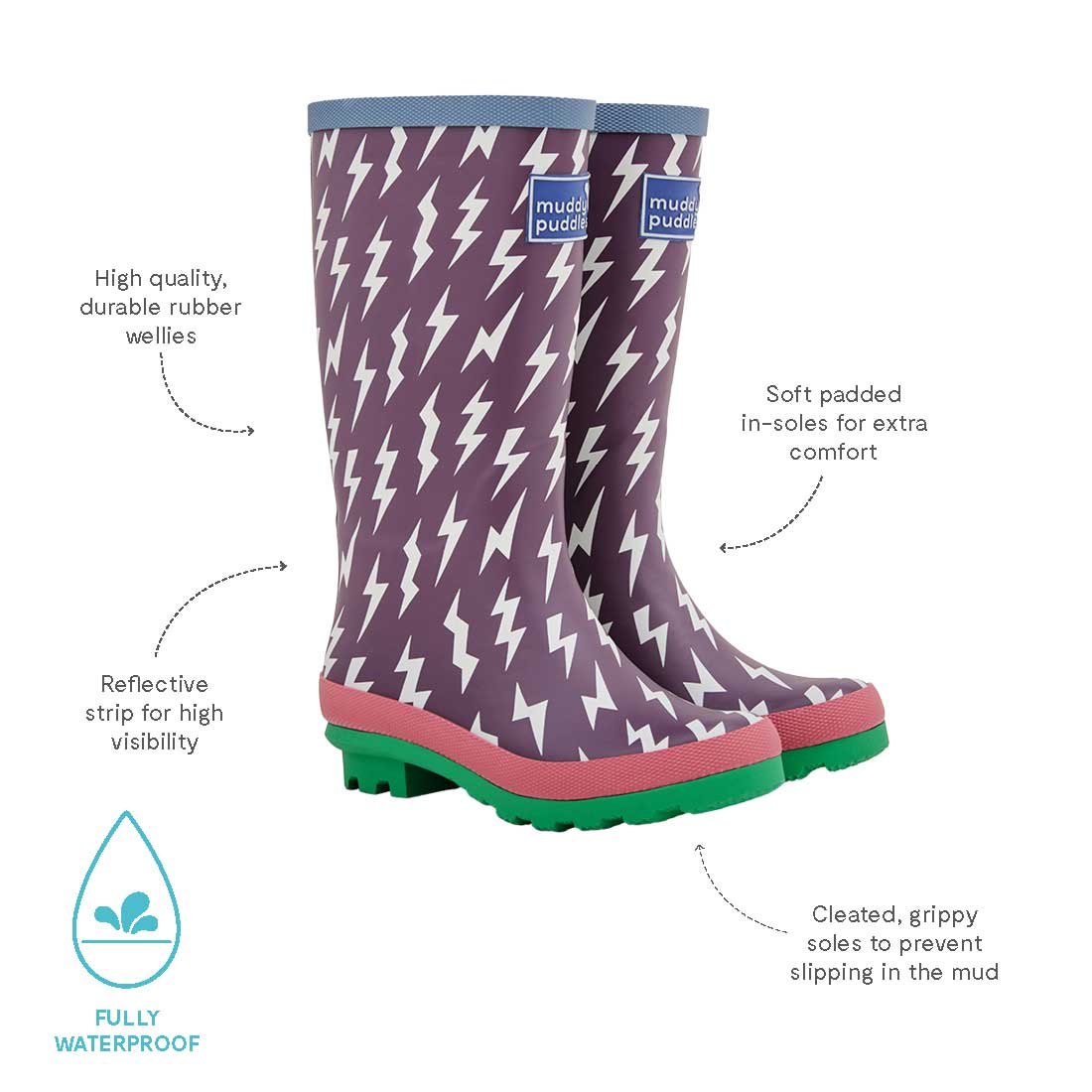 Puddlestomper Wellies Purple, printed wellington boots with lightning bolt pattern, featuring durable rubber and cleated soles for grip.