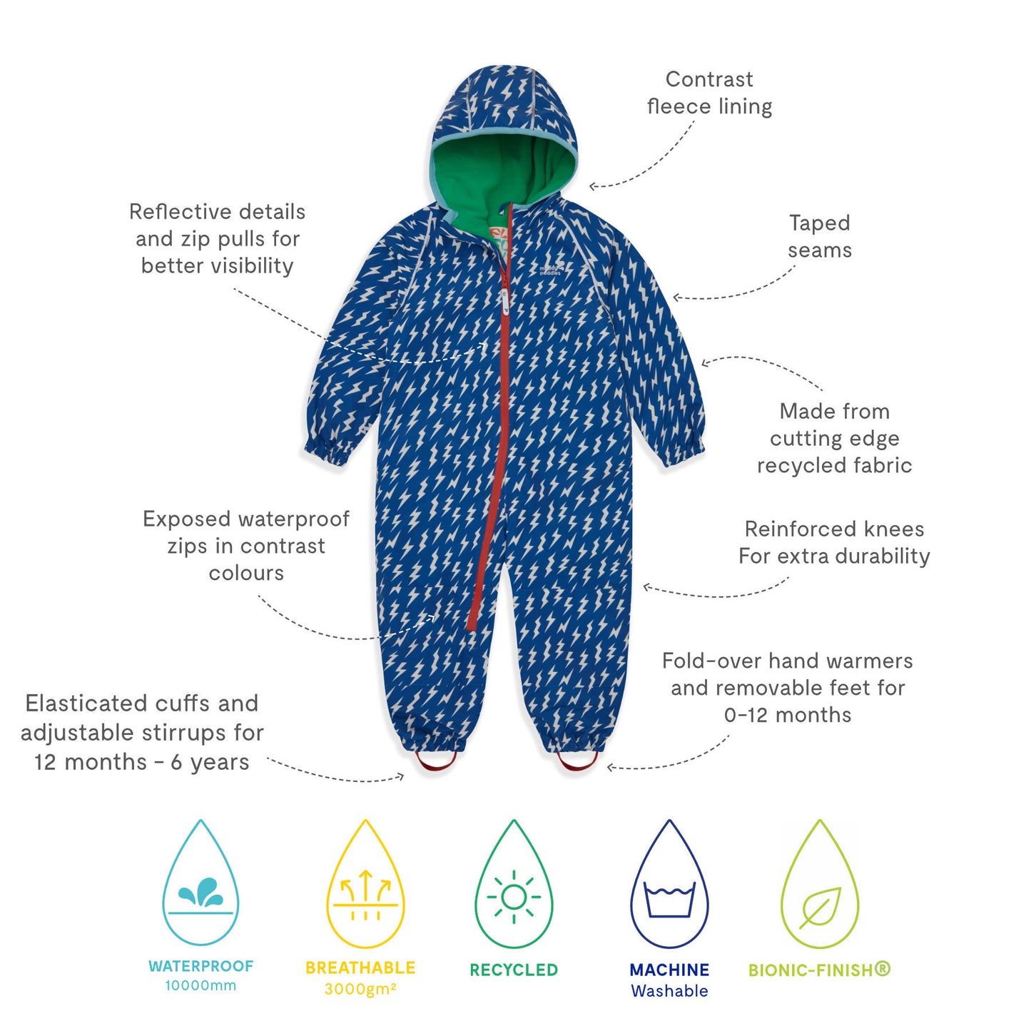 EcoSplash Waterproof Fleece Lined Puddle Suit Blue Lightning