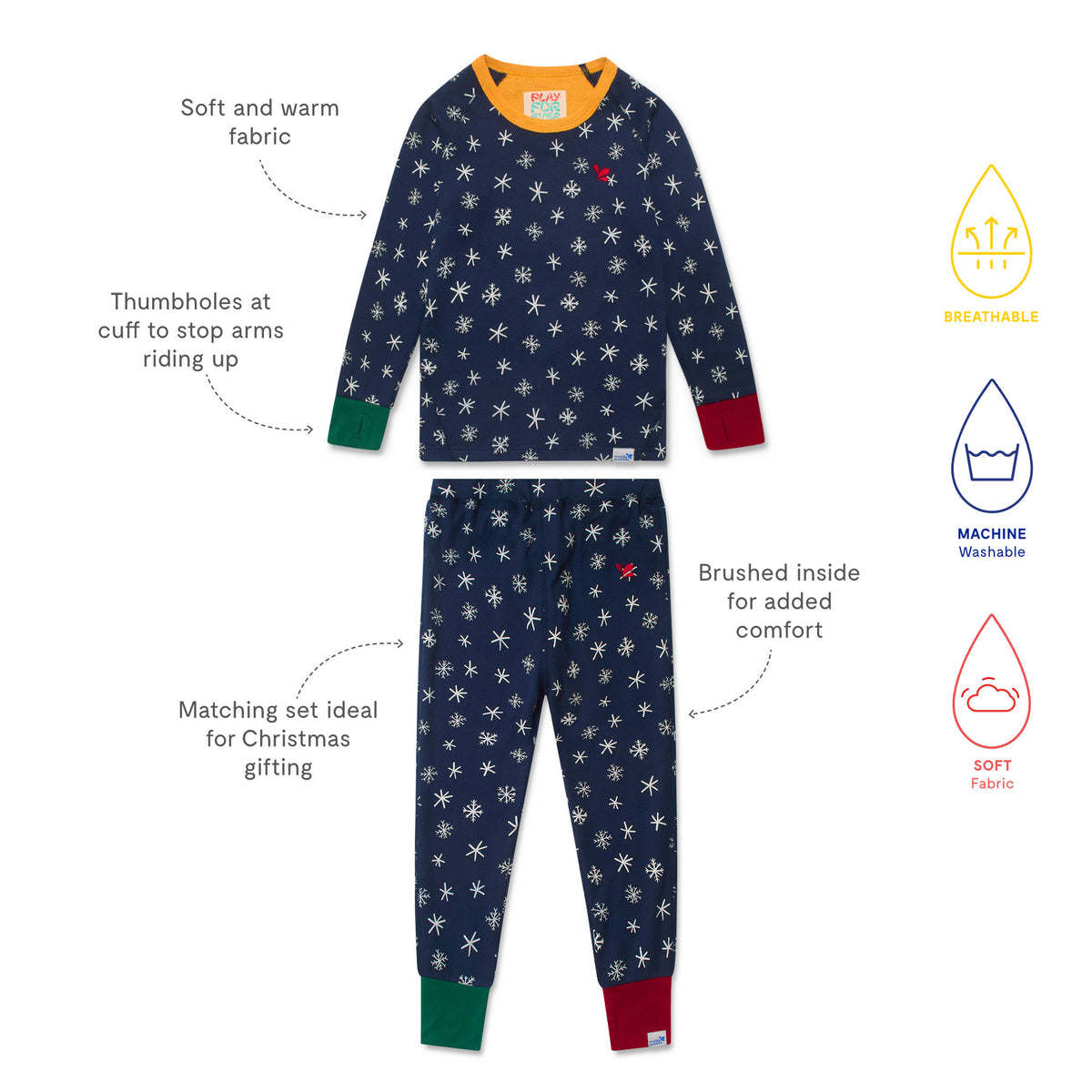 Kids Pyjamas Navy Christmas: Soft, warm, breathable two-piece set with snowflake pattern, contrasting cuffs with thumb-holes, brushed inside, machine-washable—ideal for cozy, durable holiday wear.