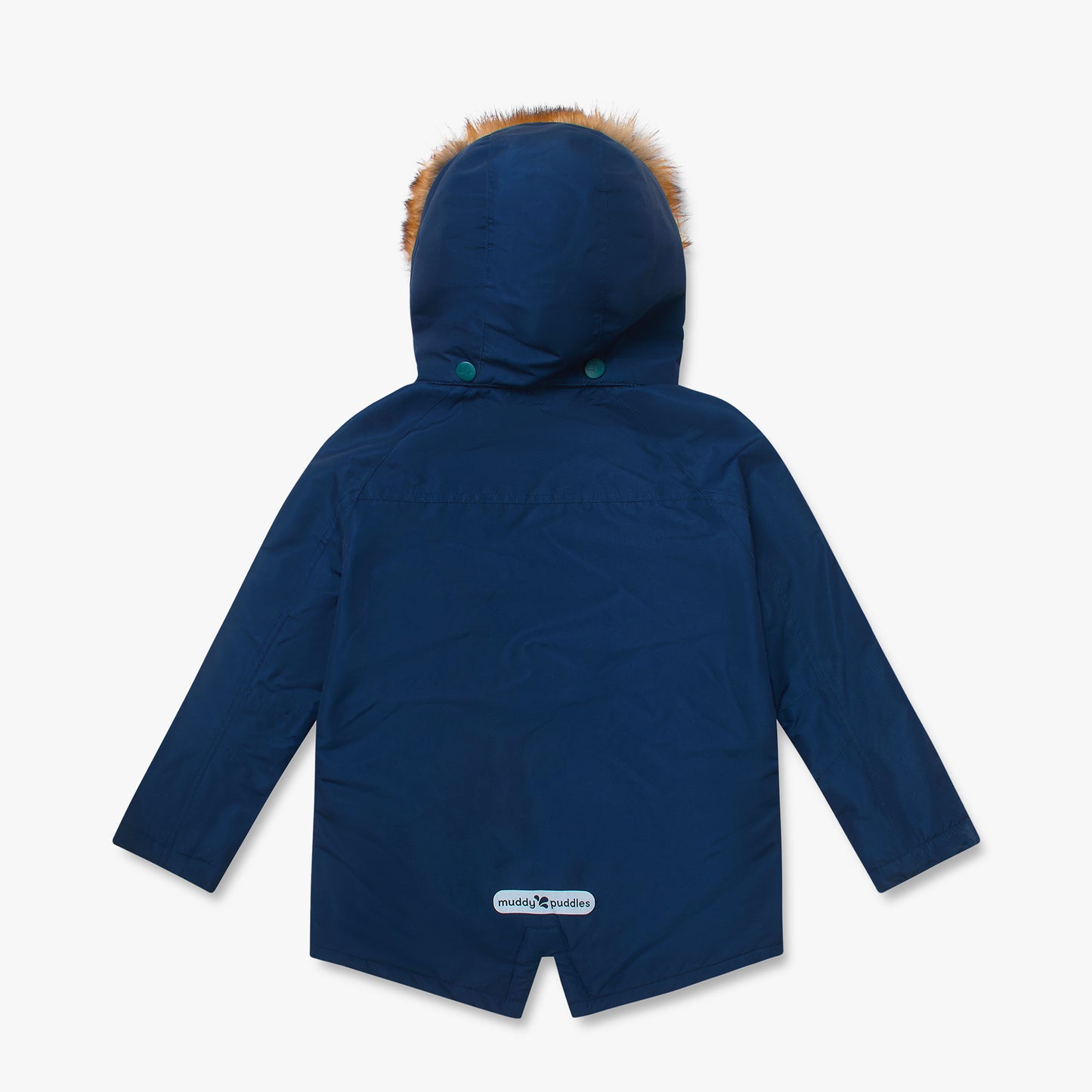 Waterproof Parka Navy for children, featuring a faux fur-trimmed hood and long sleeves, with muddy puddles branding near the hem. Ideal for wet weather adventures.