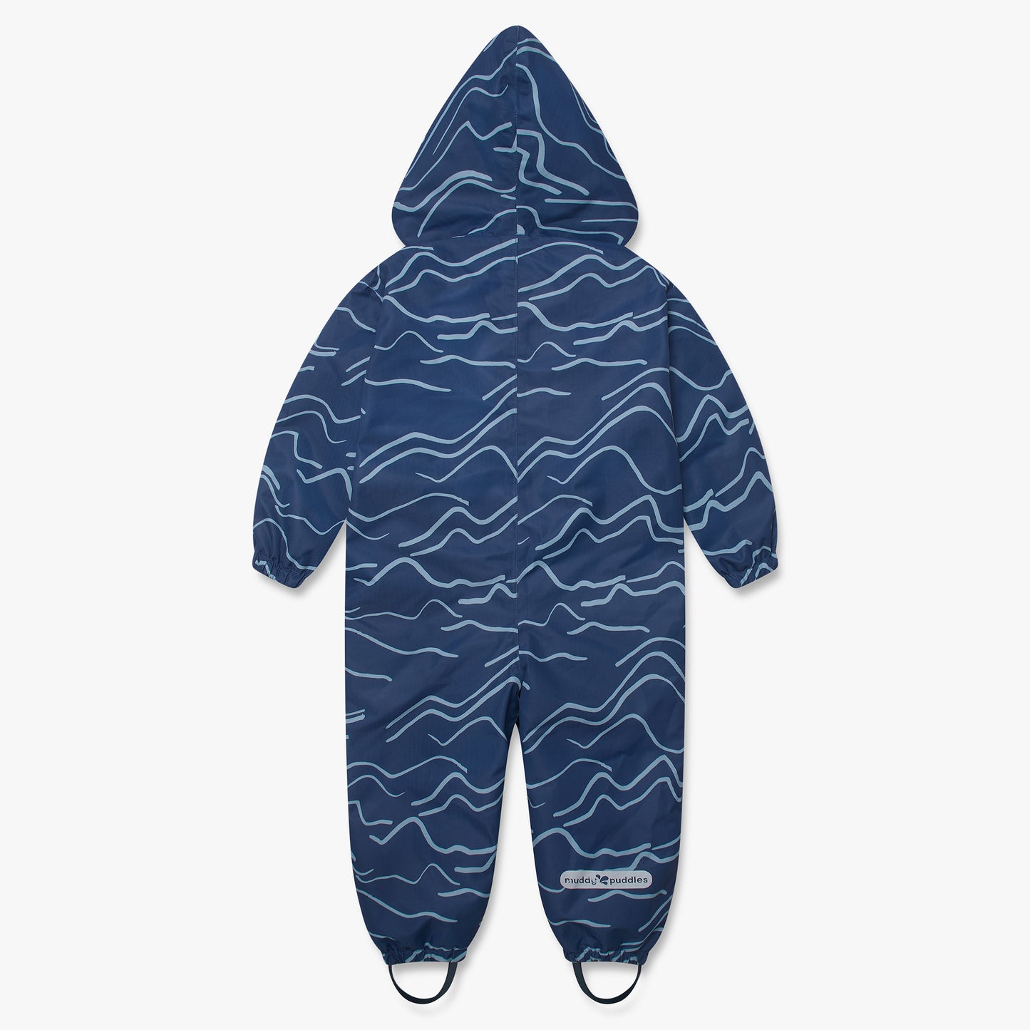 3 in 1 Waterproof Scampsuit Blue Mountains features a durable, waterproof design with a hood, elasticated cuffs, and the Muddy Puddles logo, perfect for outdoor adventures.