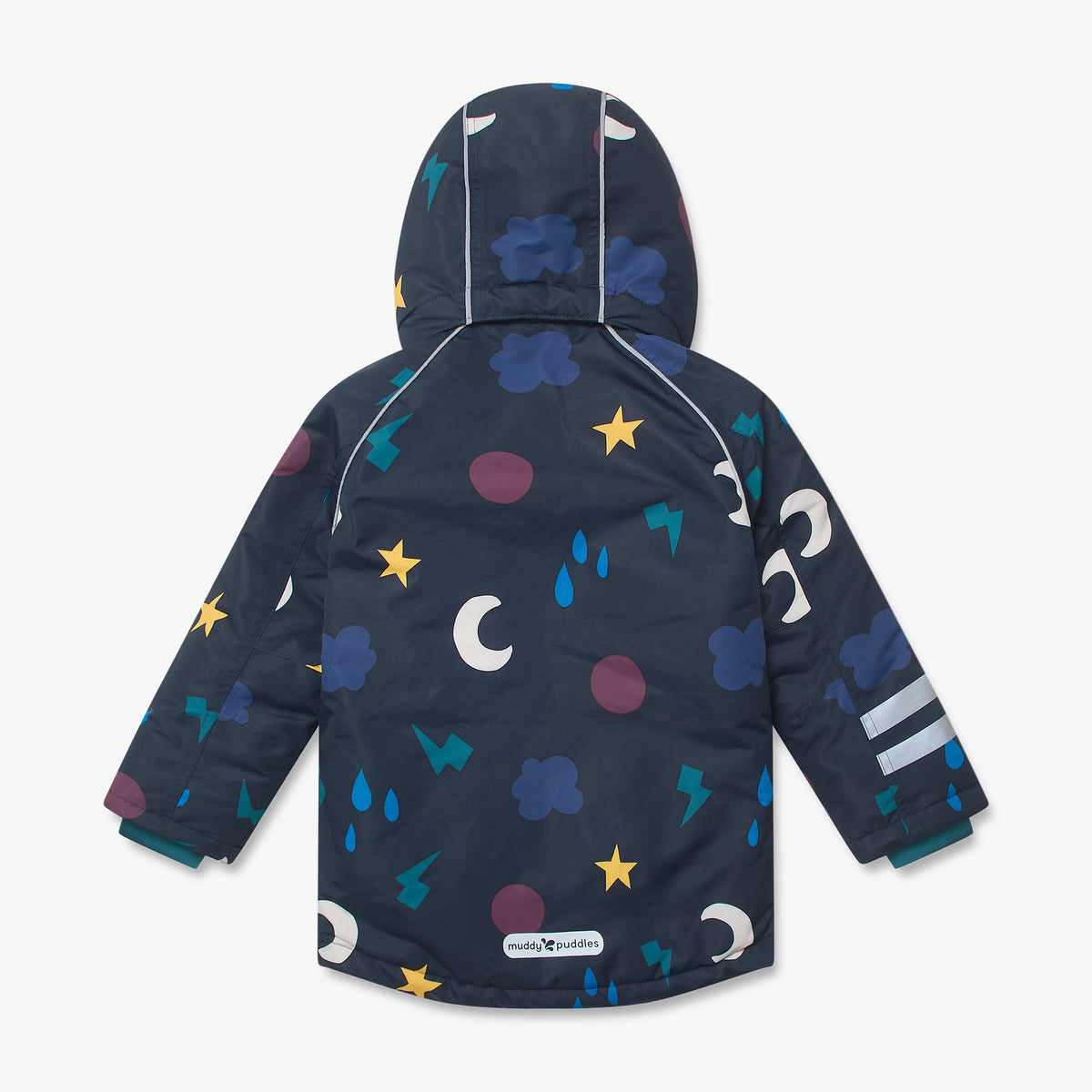 Blizzard Kids Ski Jacket Navy Weather with playful weather-themed print; durable and waterproof, perfect for outdoor play. Features a muddy puddles label near the hem.