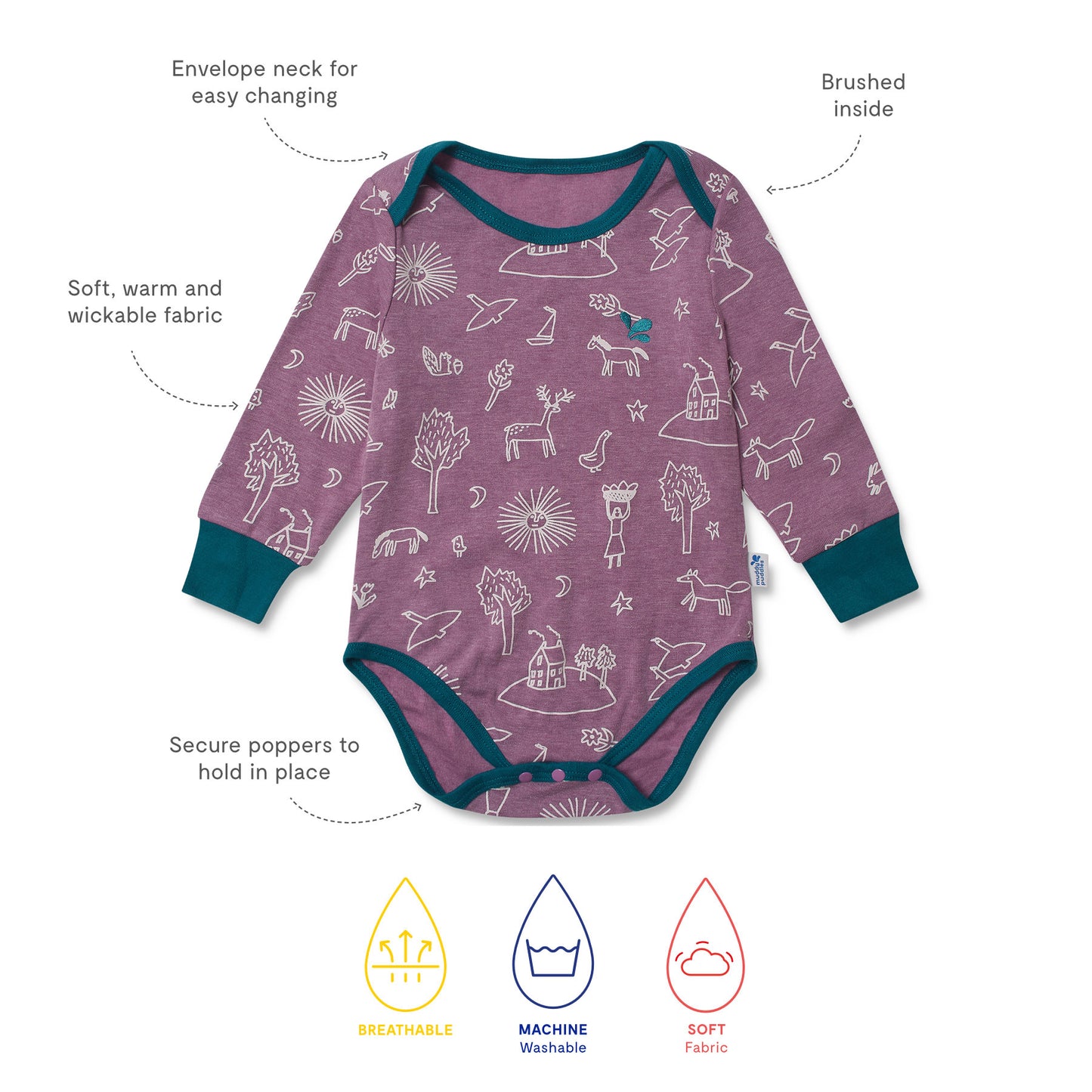 Purple Thermal Baby Grow featuring teal trim, white line-drawings, envelope neck, cozy lining, secure poppers, and breathable, machine-washable, soft fabric. Ideal for outdoor adventures.