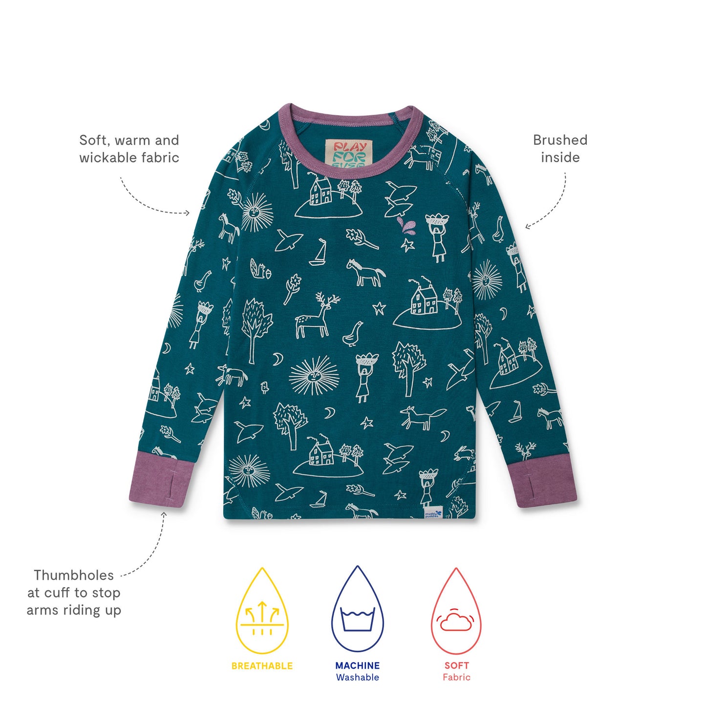 Kids Thermal Top Green featuring teal fabric with whimsical white drawings, lavender trim, thumbhole cuffs. Soft, breathable, machine washable, ideal for cozy outdoor adventures.