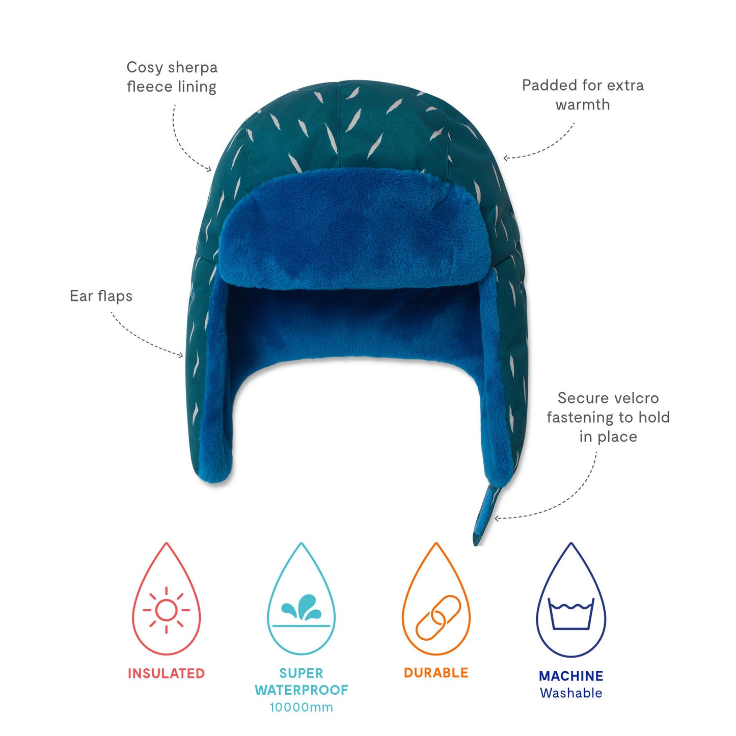 Trapper Hat Green with bright blue fleece lining, ear flaps, Velcro chin strap, insulated and super-waterproof, ideal for warmth and durability in winter weather.