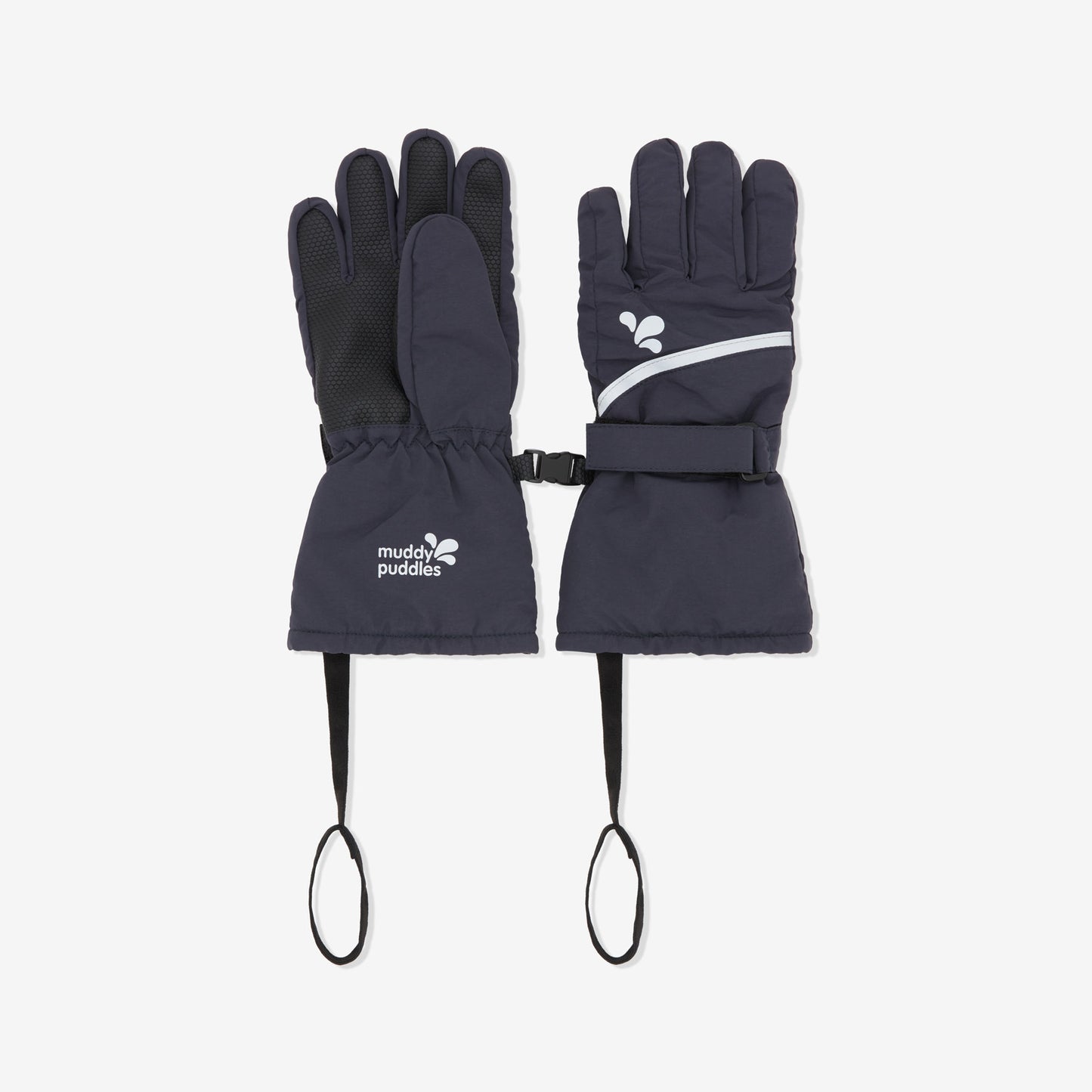 Navy ski gloves, laid flat on a white surface, showing the waterproof material, logo, grip and straps to secure them on the wrist.