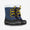 Muddy Puddles Children's Waterproofs: A pair of blue and black snow boots with yellow laces and white fluffy trim, displayed on a white background.