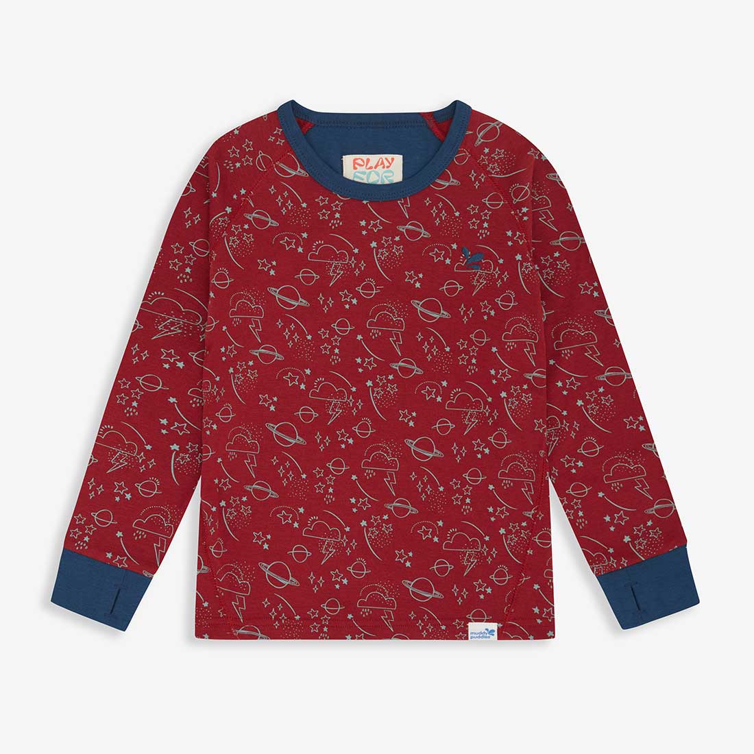 Kids Thermal Top Red with a space pattern. It has a blue neck line and cuffs.