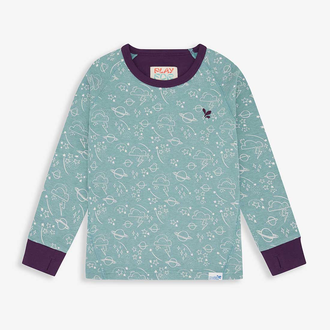 Kids Thermal Top Green Sage featuring a fun space themed print with planets, stars, clouds and lightning. Purple collar and cuffs.