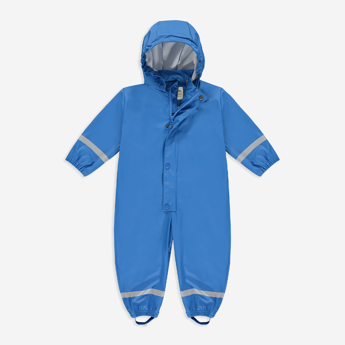 A blue Rainy Day Waterproof Puddle Suit, a one-piece rain suit with a hood, front zip and reflective stripes on the arms and legs.