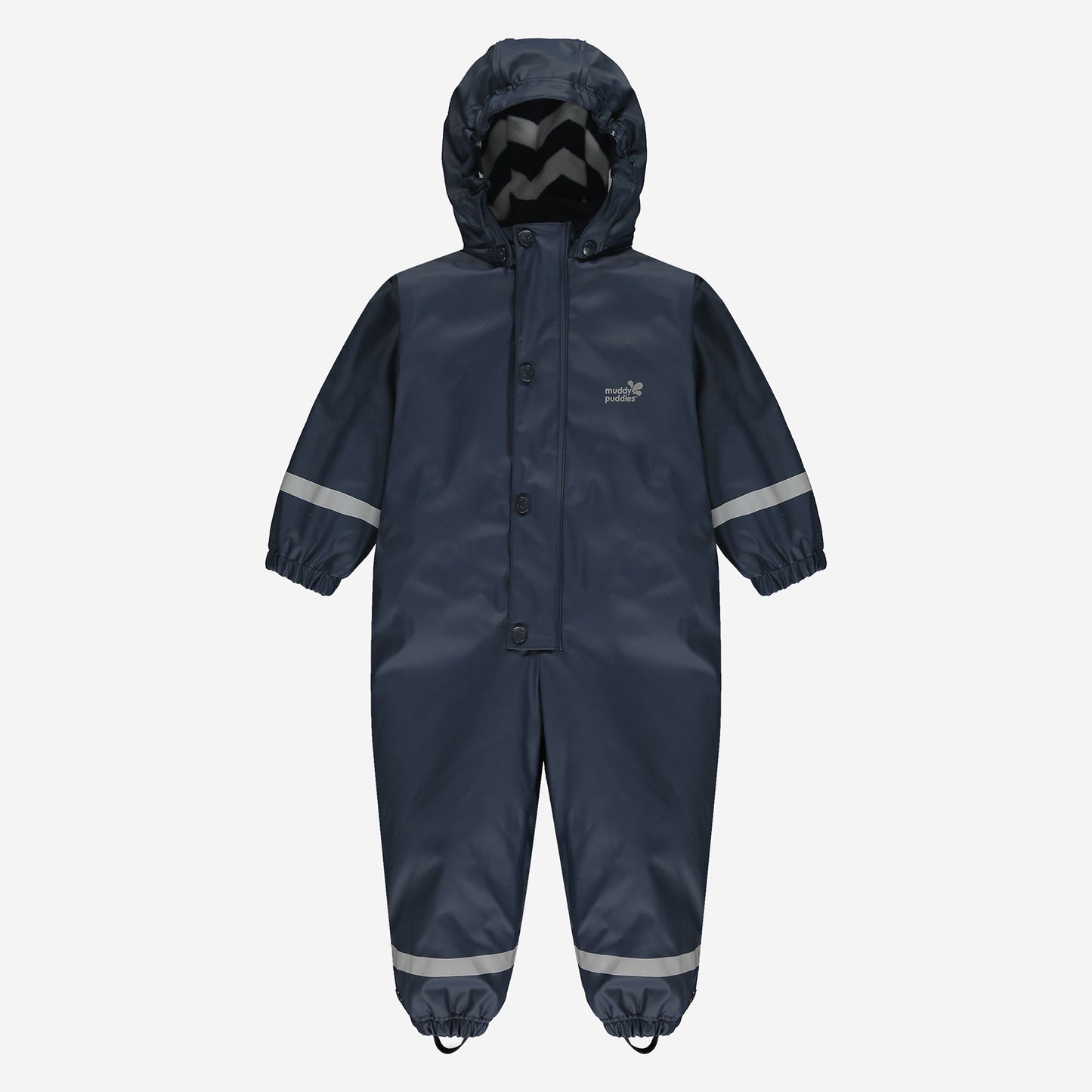 flat - Puddleflex Waterproof Fleece Lined Puddle Suit Navy, a one piece waterproof suit with hood, in navy, for kids.