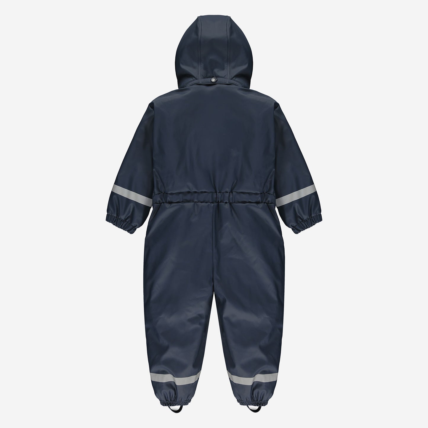 Puddleflex Waterproof Fleece Lined Puddle Suit Navy, a one-piece waterproof suit, seen from the back, with hood, elasticated waist and reflective stripes.