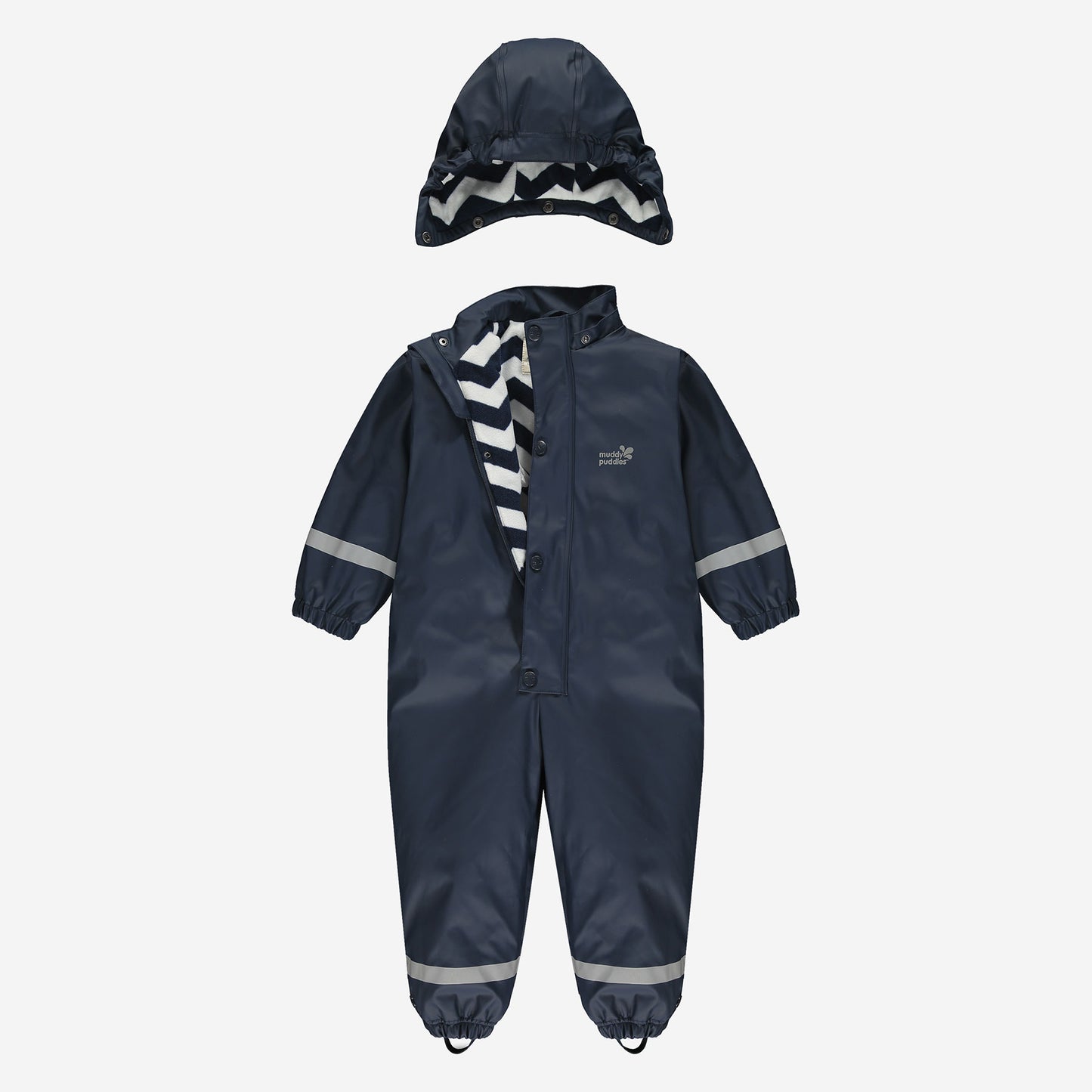 Navy Puddleflex waterproof puddle suit with fleece lining and detachable hood, ideal for keeping kids dry and warm in wet weather.