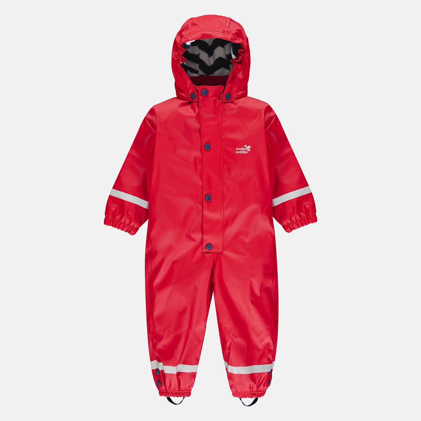 Red 'Muddy Puddles' waterproof rain suit for children. It features reflective stripes and a button-up front.