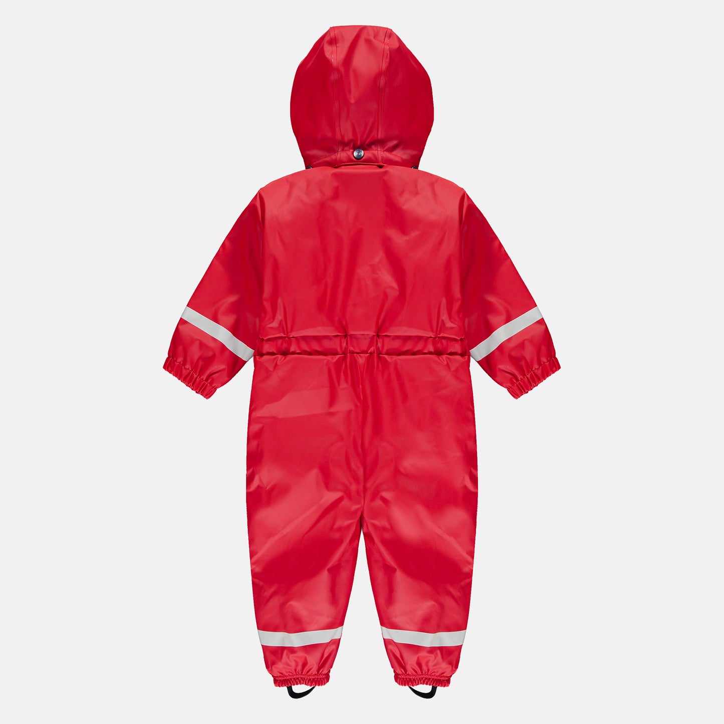 Puddleflex Waterproof Fleece Lined Puddle Suit Red: A red waterproof puddle suit with hood and reflective stripes.