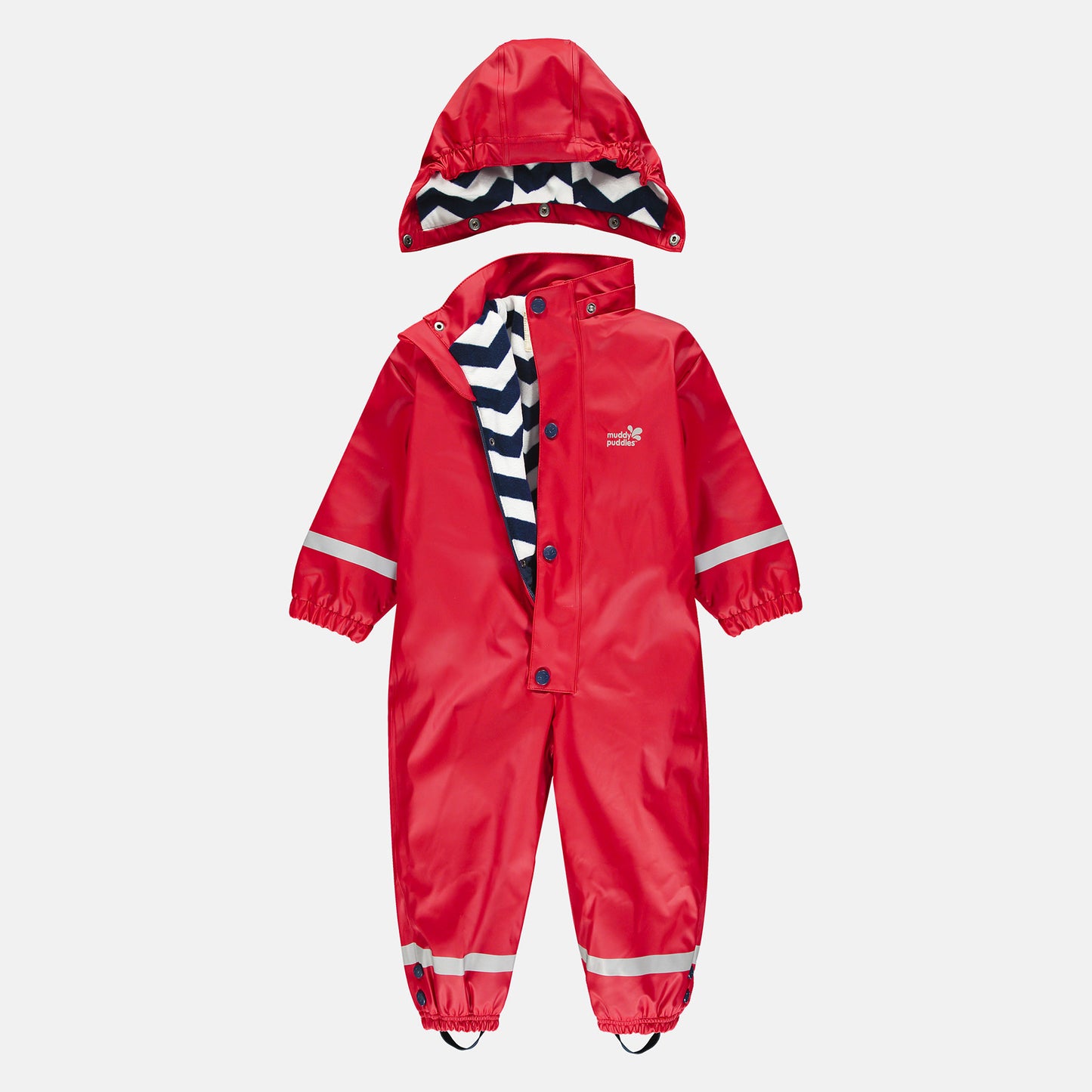 Red Puddleflex Waterproof Fleece Lined Puddle Suit. A red rain suit, with a detachable hood and reflective stripes.