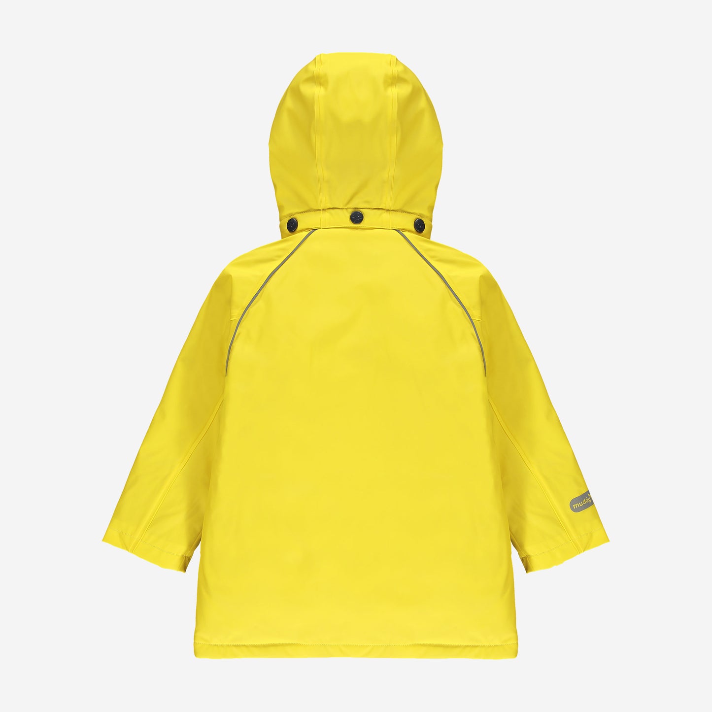 The back of a yellow Puddleflex Waterproof Fleece Lined Jacket. The coat has a hood and a few buttons at the back of the neck.