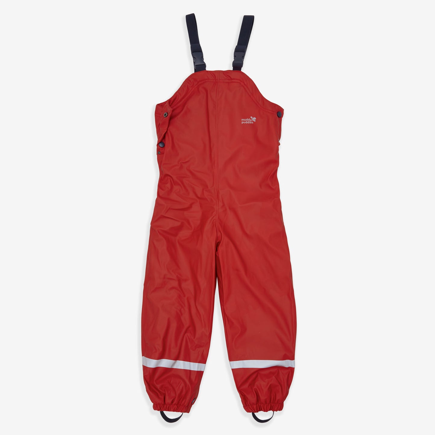 flat - Red waterproof dungarees with blue straps and reflective bands. Muddy Puddles logo visible on the chest of the dungarees.