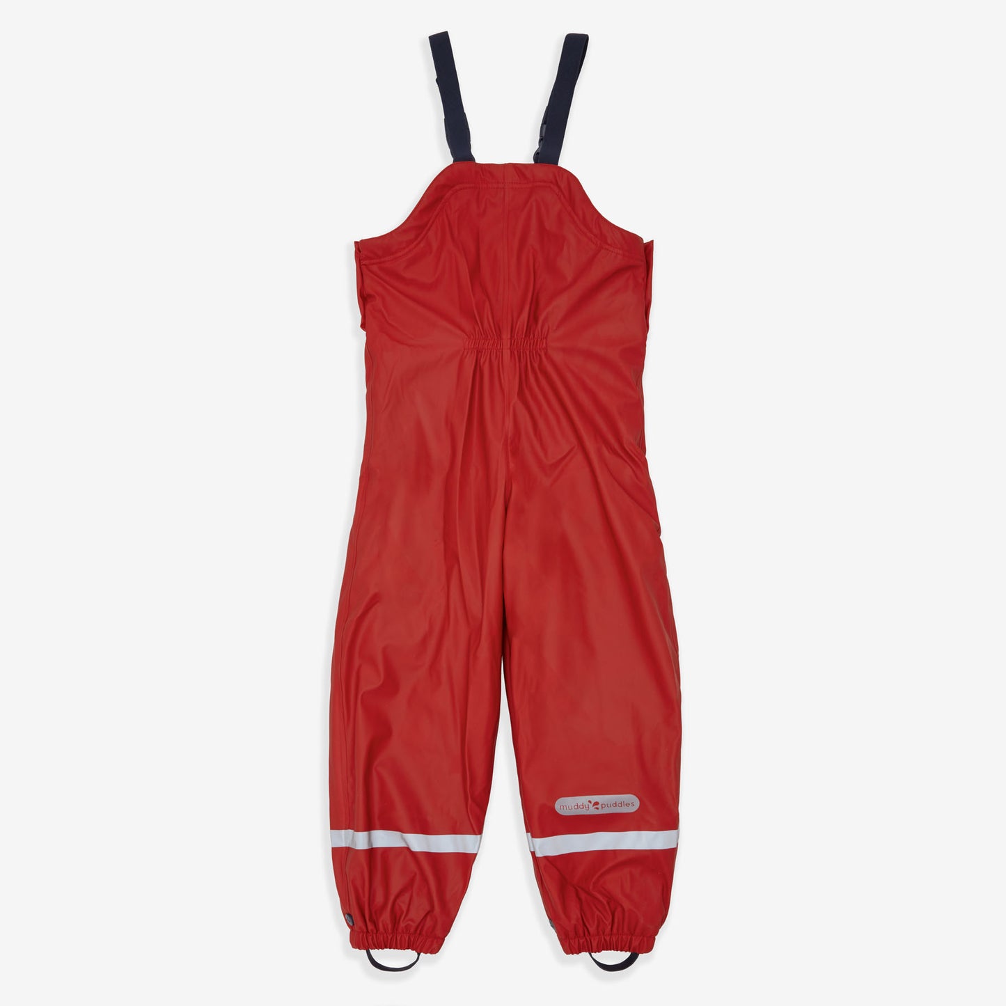 Red Puddleflex Waterproof Fleece Lined Dungarees. Red waterproof dungarees with dark straps and a reflective stripe at the ankles.