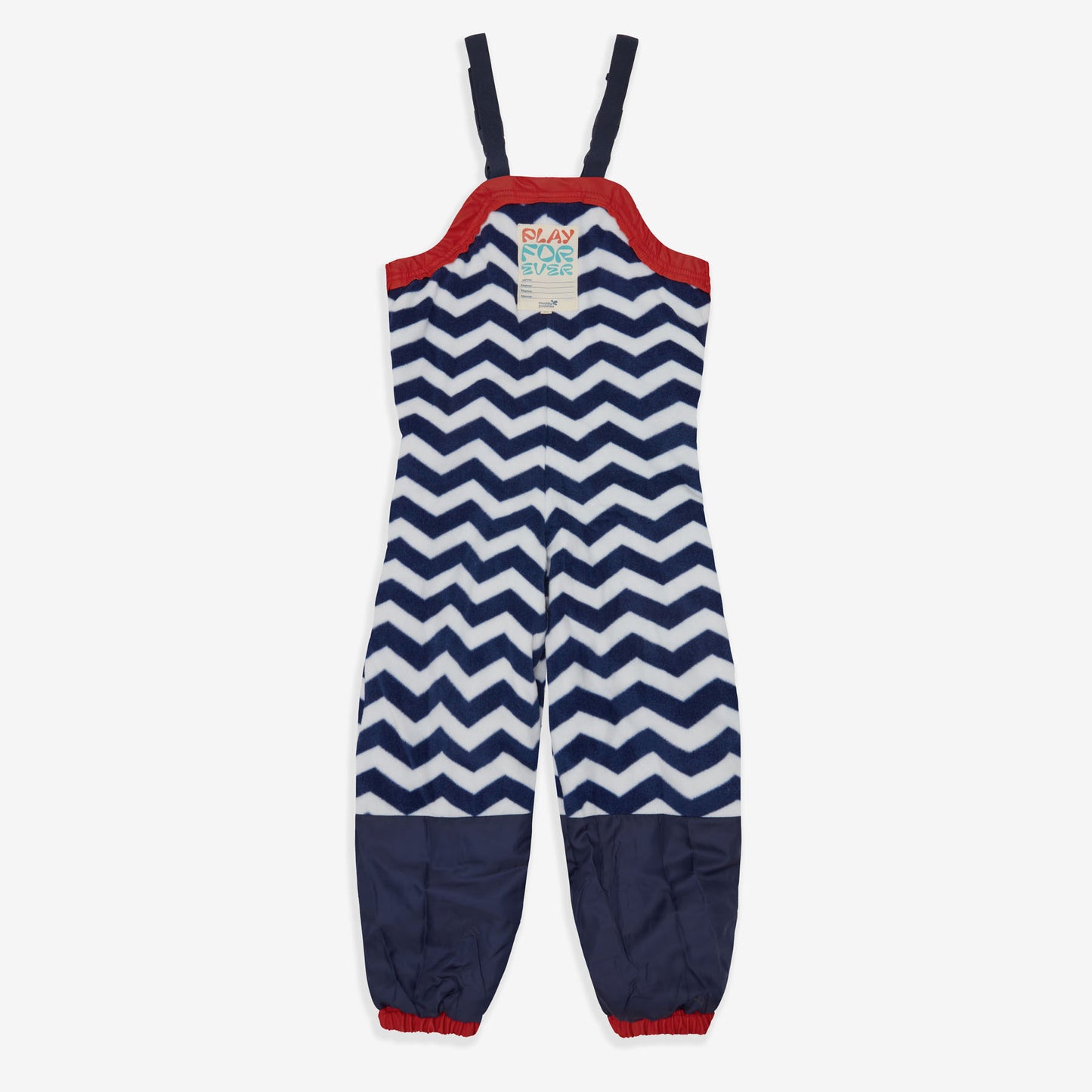 Puddleflex Waterproof Fleece Lined Dungarees Red, with blue/white chevron pattern and red trim, laid on a white background.